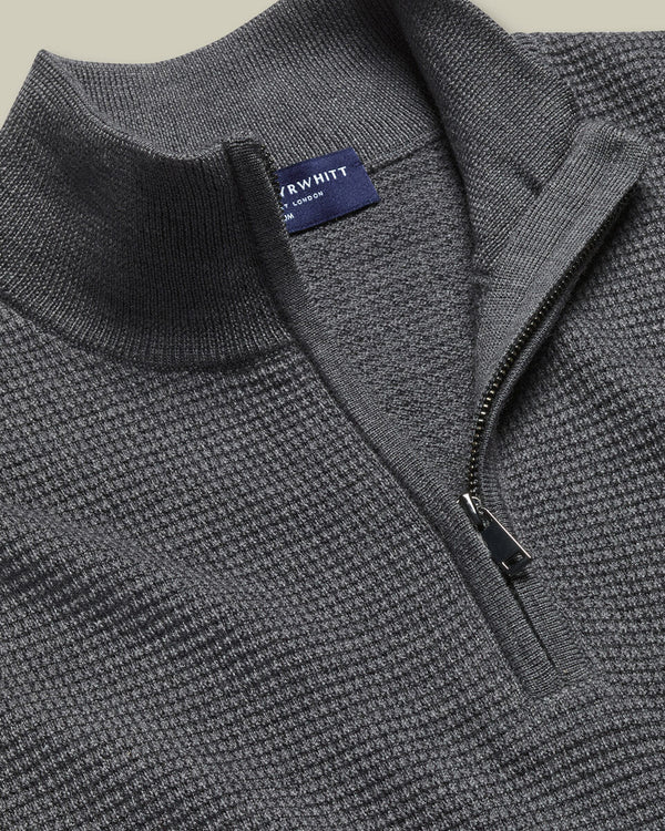 Pure Merino Textured Quarter Zip Sweater - Grey