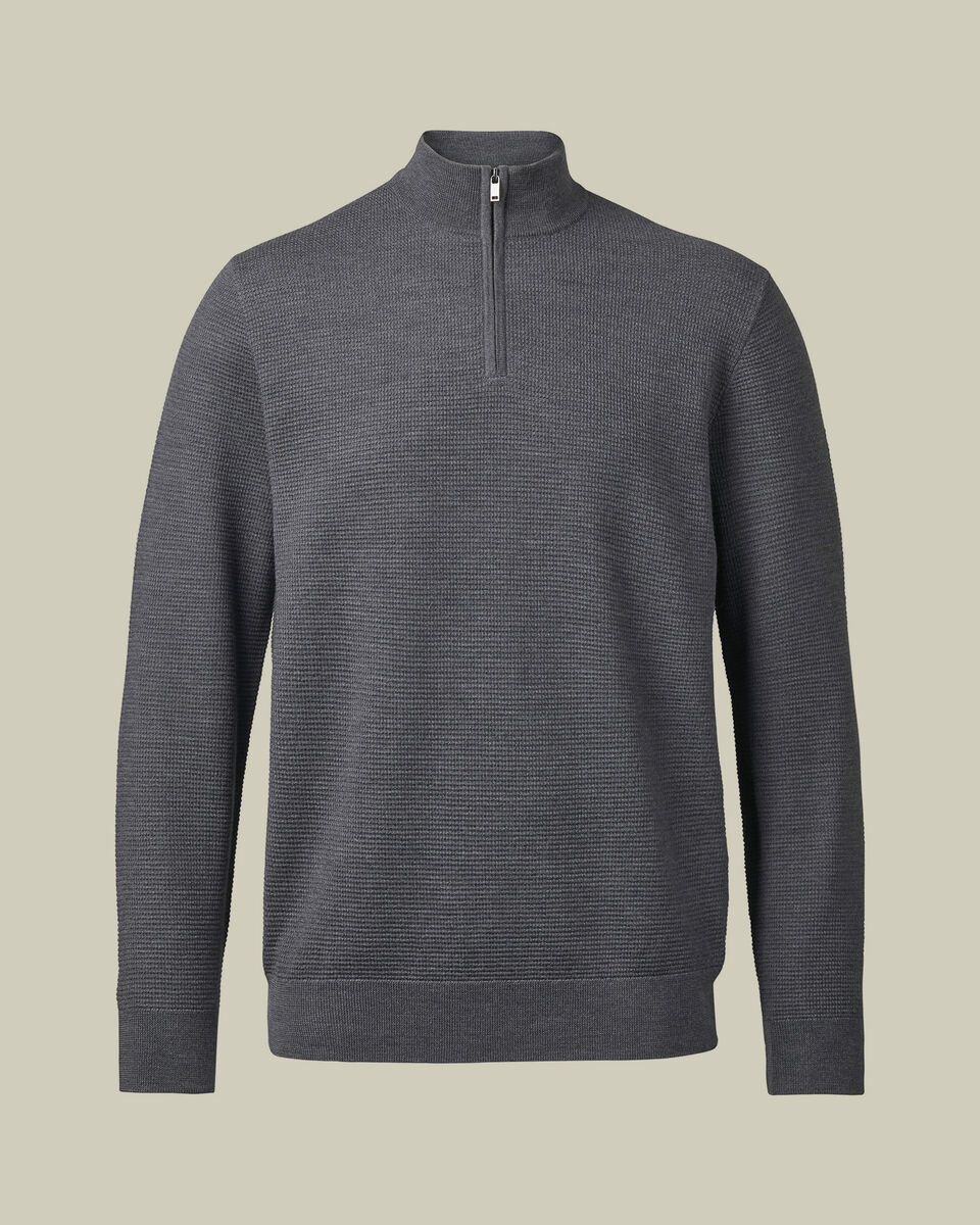 Pure Merino Textured Quarter Zip Sweater - Grey