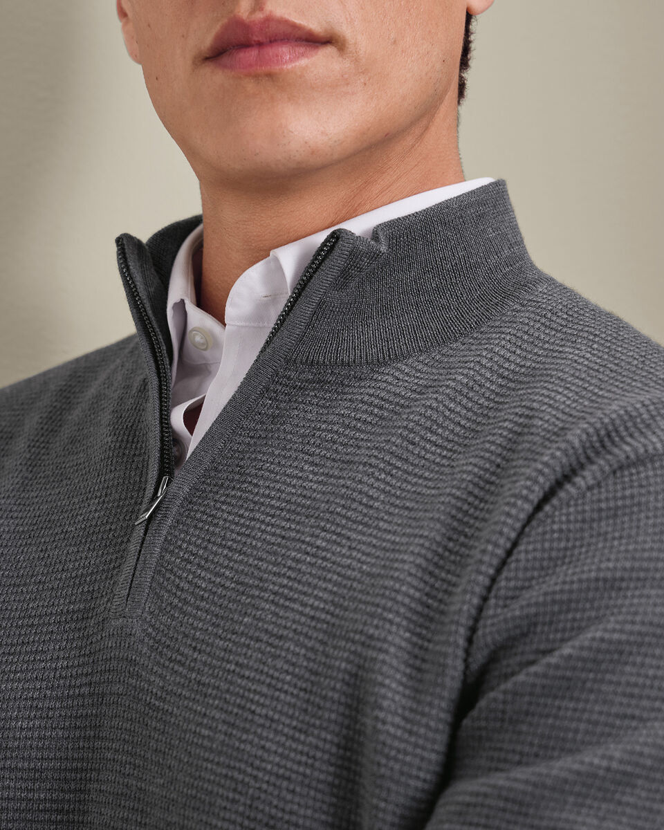 Pure Merino Textured Quarter Zip Sweater - Grey