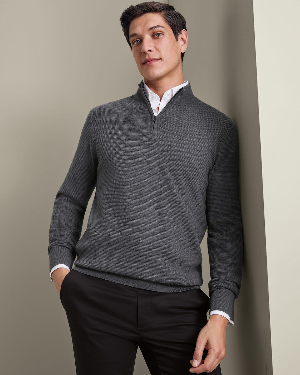Pure Merino Textured Quarter Zip Sweater - Grey