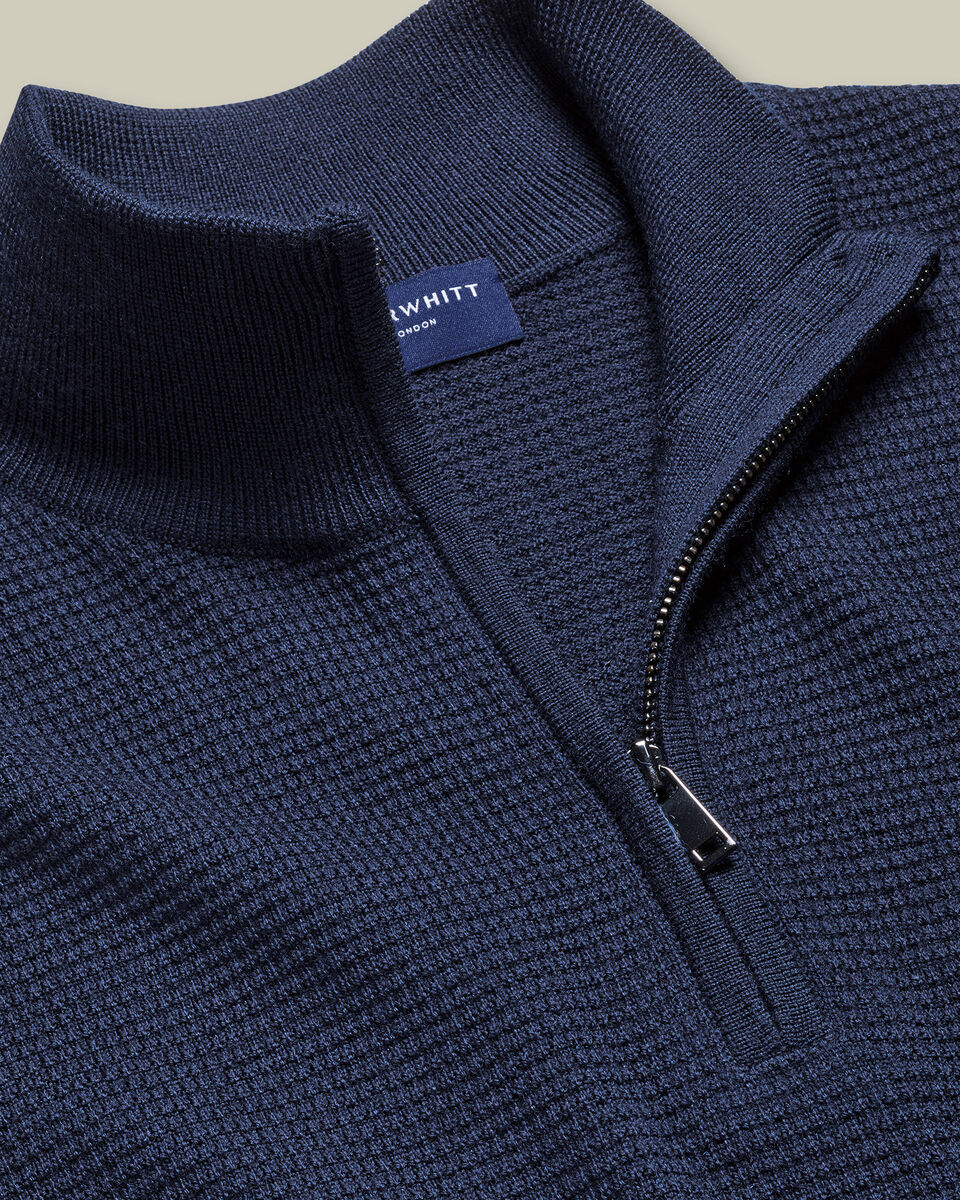 Pure Merino Textured Quarter Zip Sweater - Navy