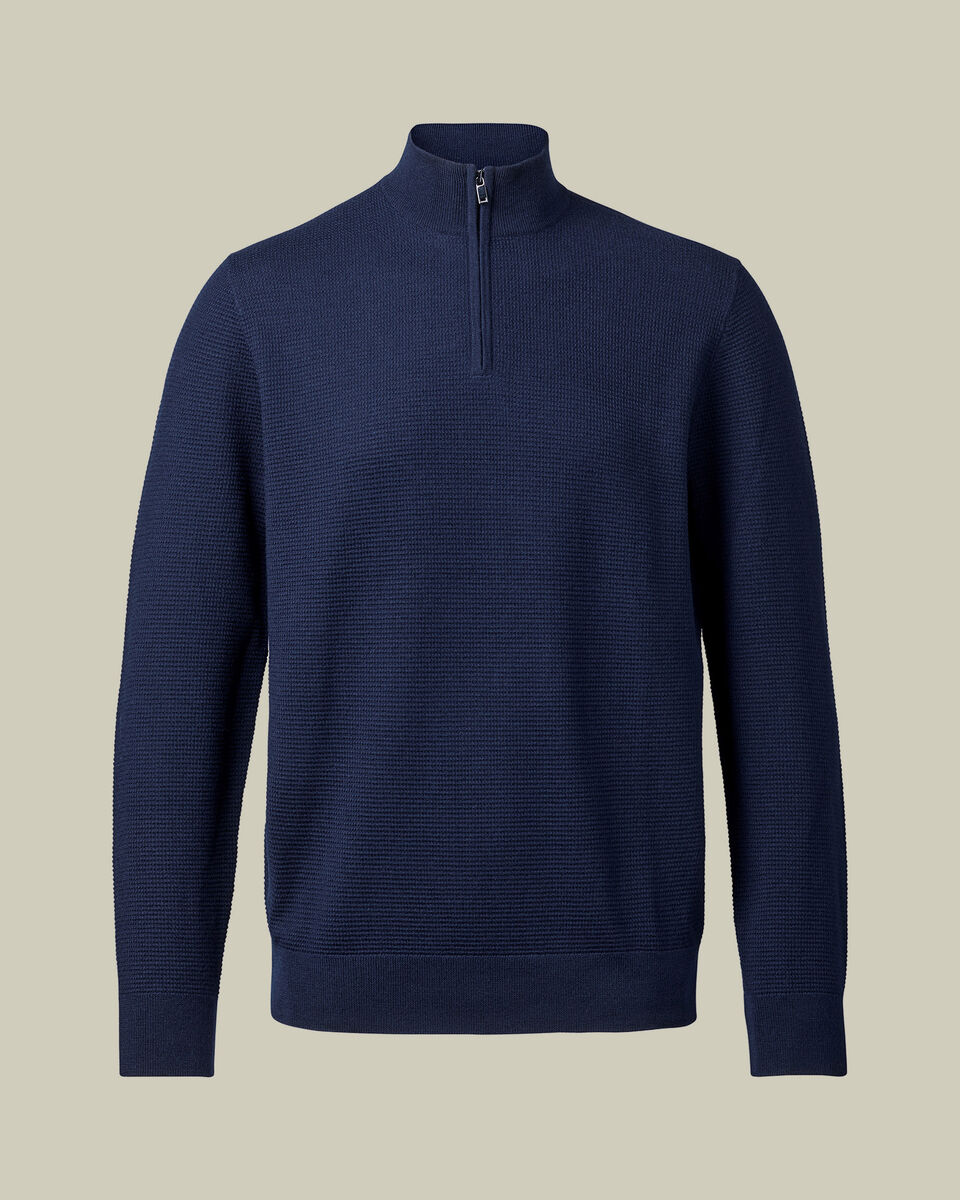 Pure Merino Textured Quarter Zip Sweater - Navy