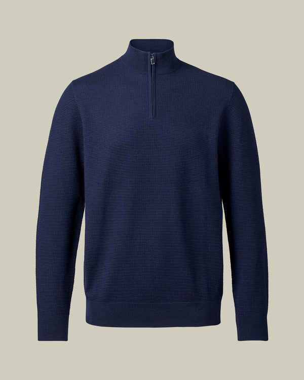 Pure Merino Textured Quarter Zip Sweater - Navy