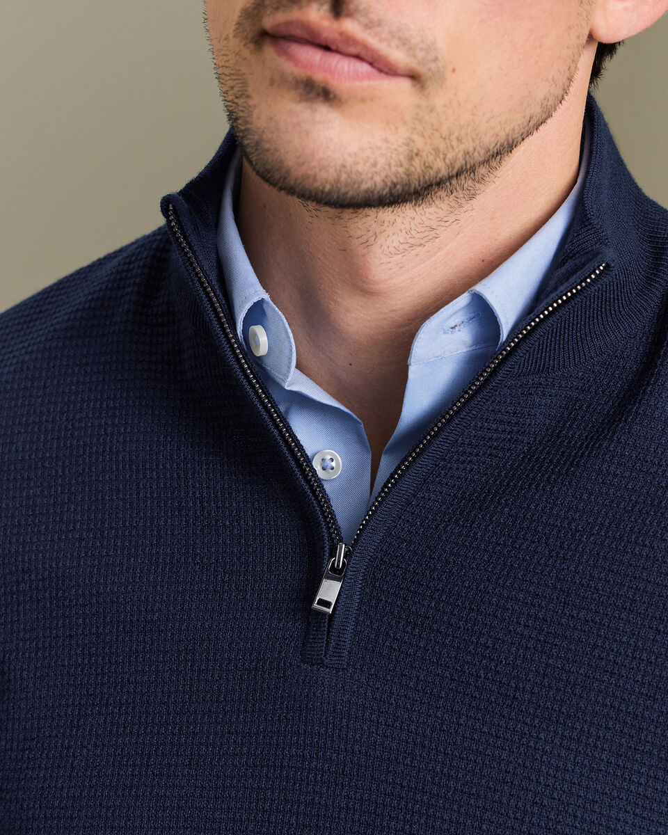 Pure Merino Textured Quarter Zip Sweater - Navy