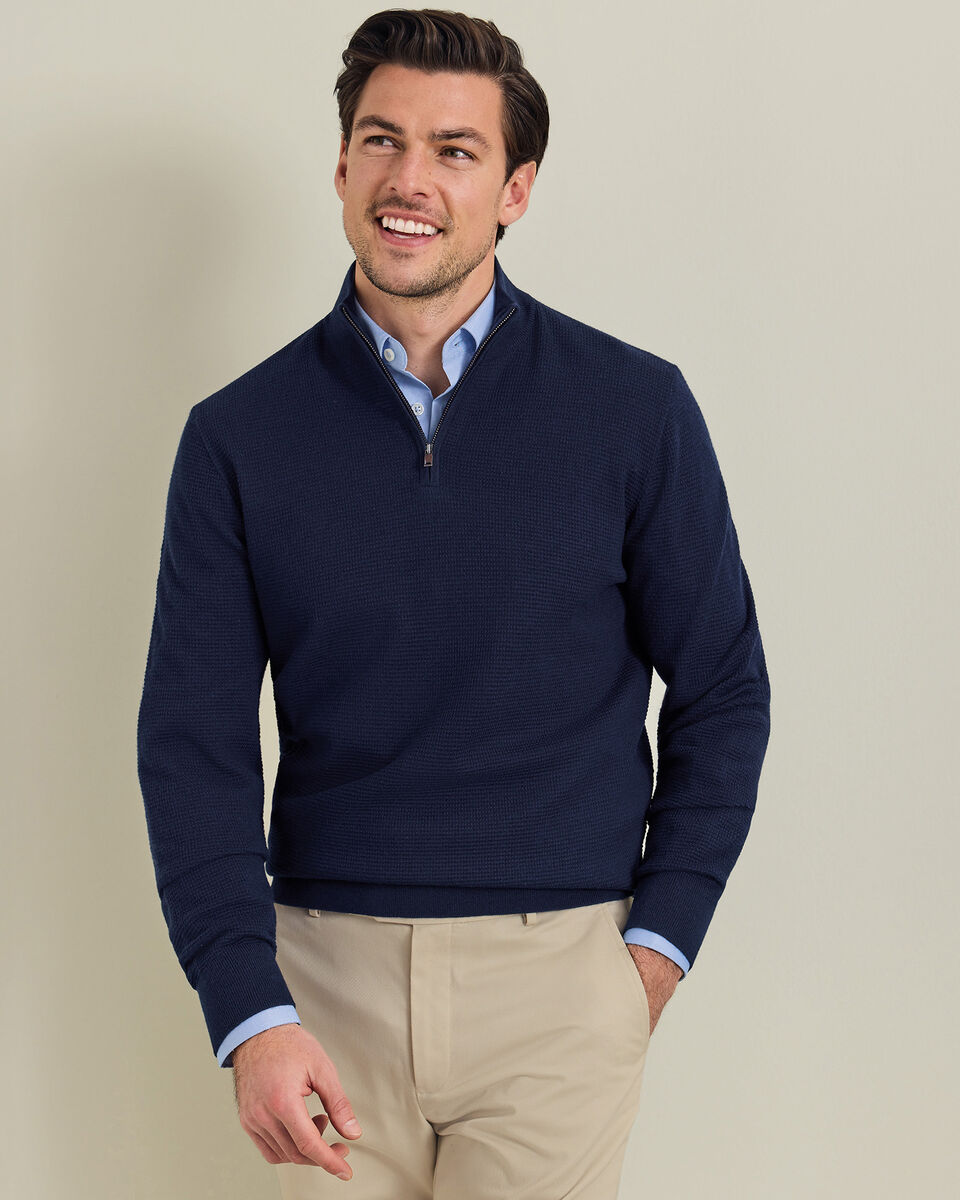 Pure Merino Textured Quarter Zip Sweater - Navy