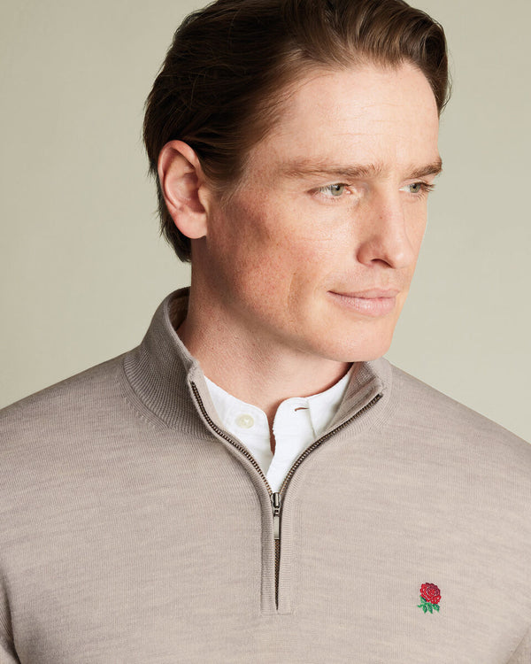 England Rugby Pure Merino Quarter Zip Sweater - Limestone
