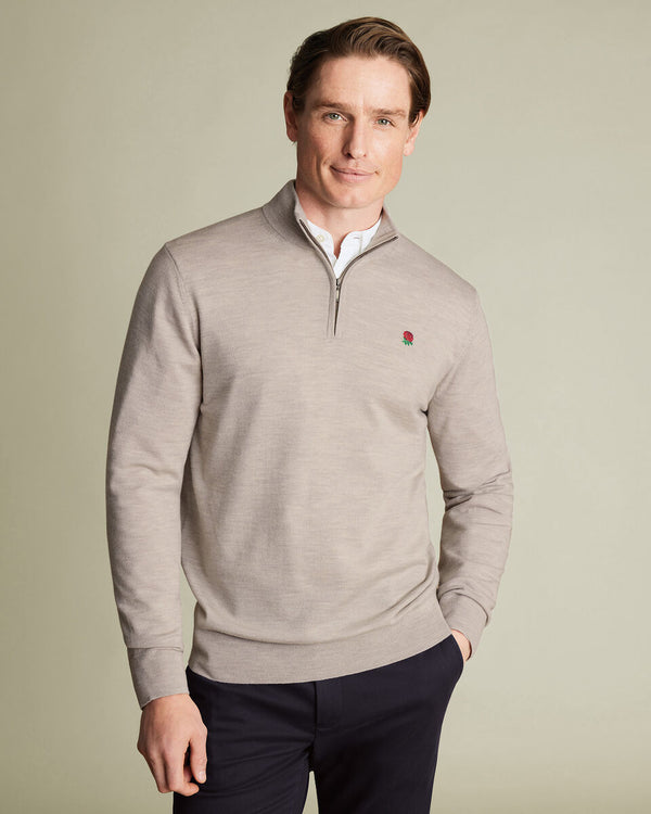 England Rugby Pure Merino Quarter Zip Sweater - Limestone