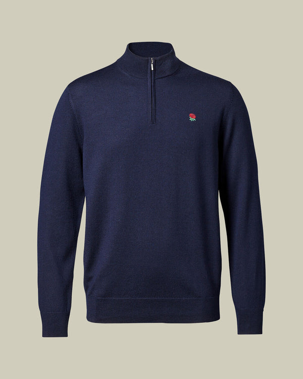 England Rugby Red Rose Pure Merino Quarter Zip Sweater - Navy
