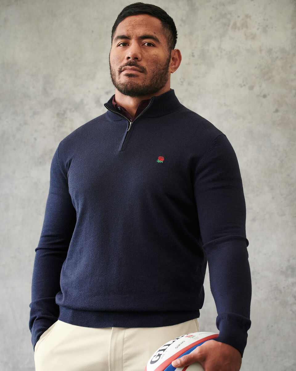 England Rugby Red Rose Pure Merino Quarter Zip Sweater - Navy
