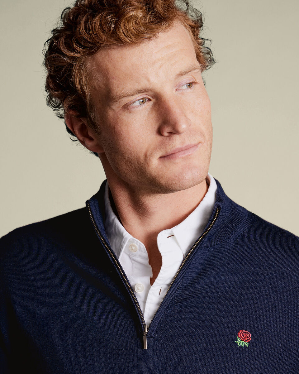 England Rugby Red Rose Pure Merino Quarter Zip Sweater - Navy