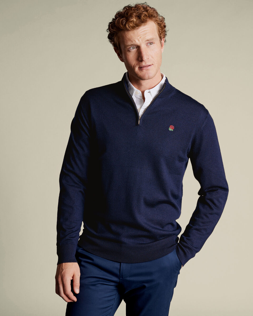 England Rugby Red Rose Pure Merino Quarter Zip Sweater - Navy
