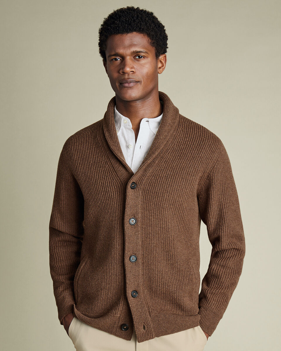 Pure Merino Shawl Neck Chunky Cardigan - Toffee Main image
