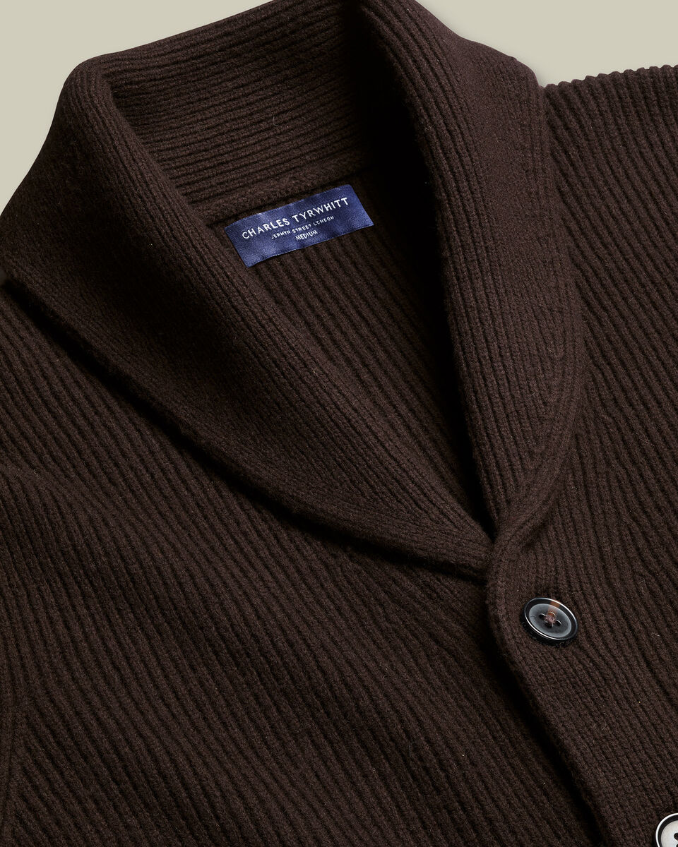 Chunky Pure Merino Shawl Neck Cardigan - Chocolate Brown