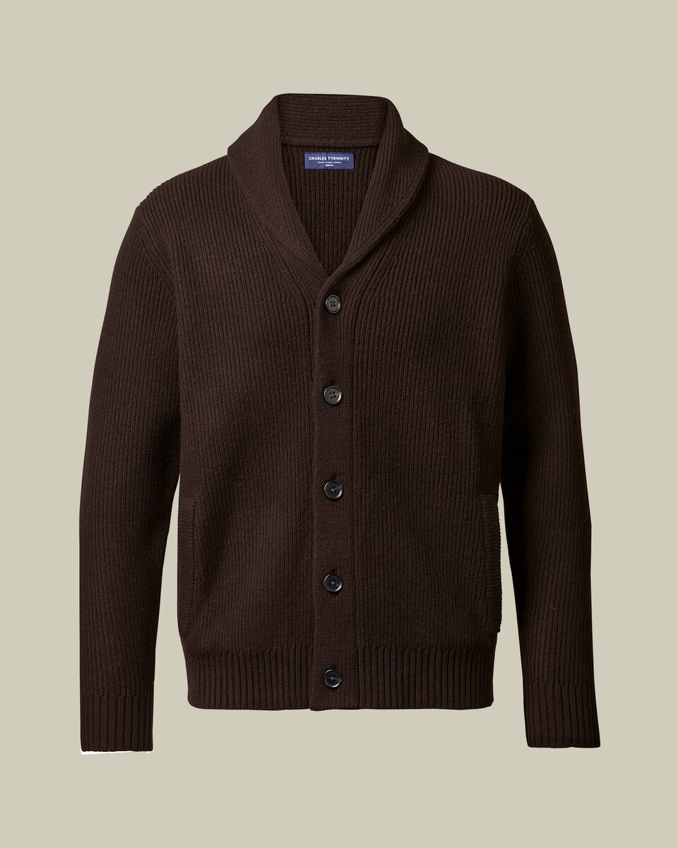 Chunky Pure Merino Shawl Neck Cardigan - Chocolate Brown