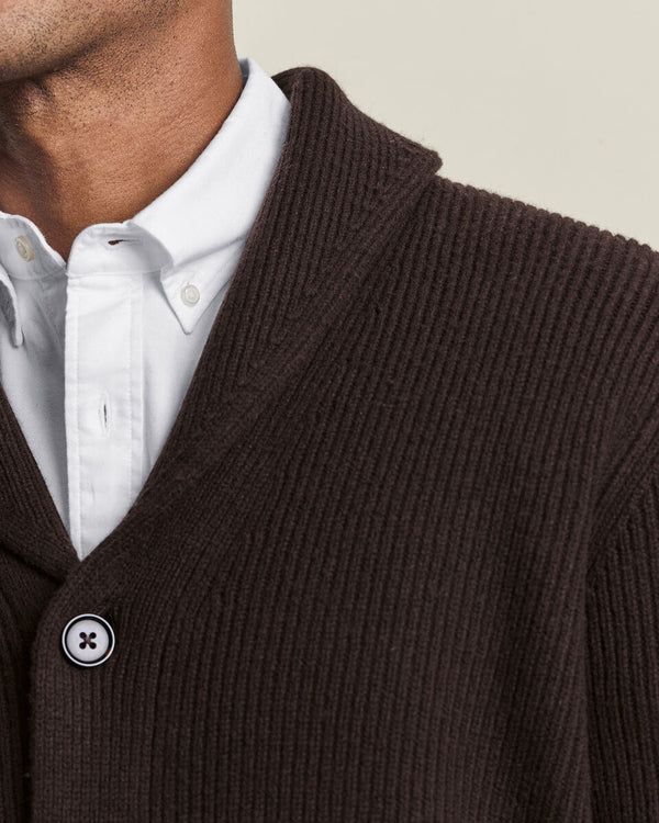 Chunky Pure Merino Shawl Neck Cardigan - Chocolate Brown