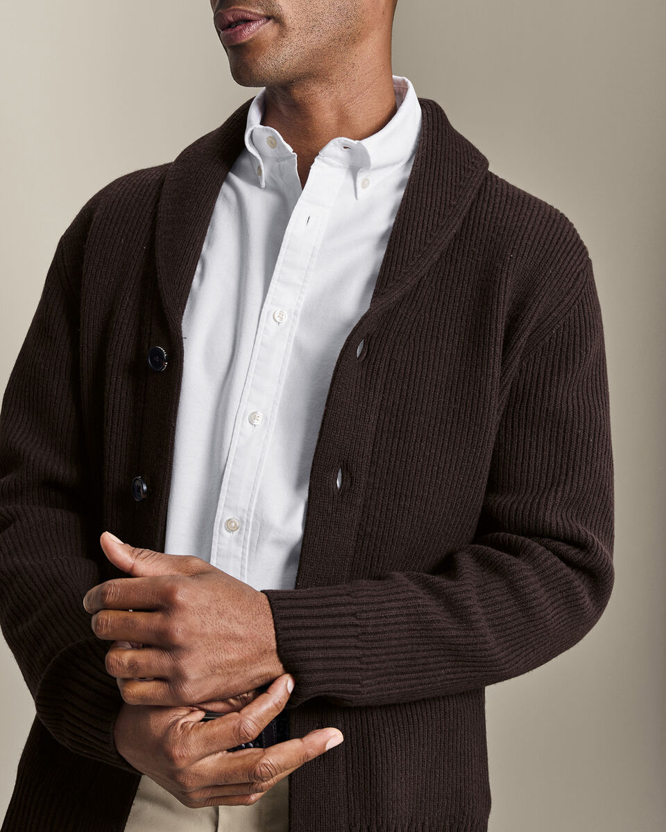 Chunky Pure Merino Shawl Neck Cardigan - Chocolate Brown Main image