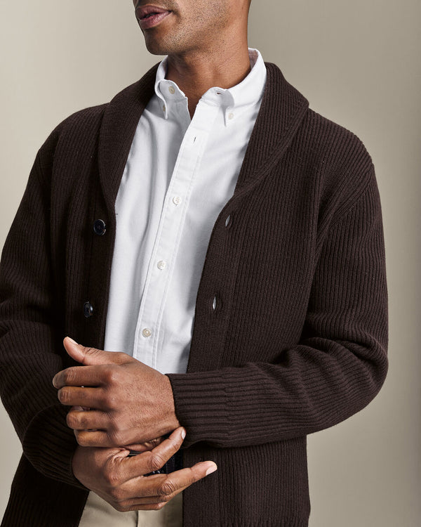 Chunky Pure Merino Shawl Neck Cardigan - Chocolate Brown