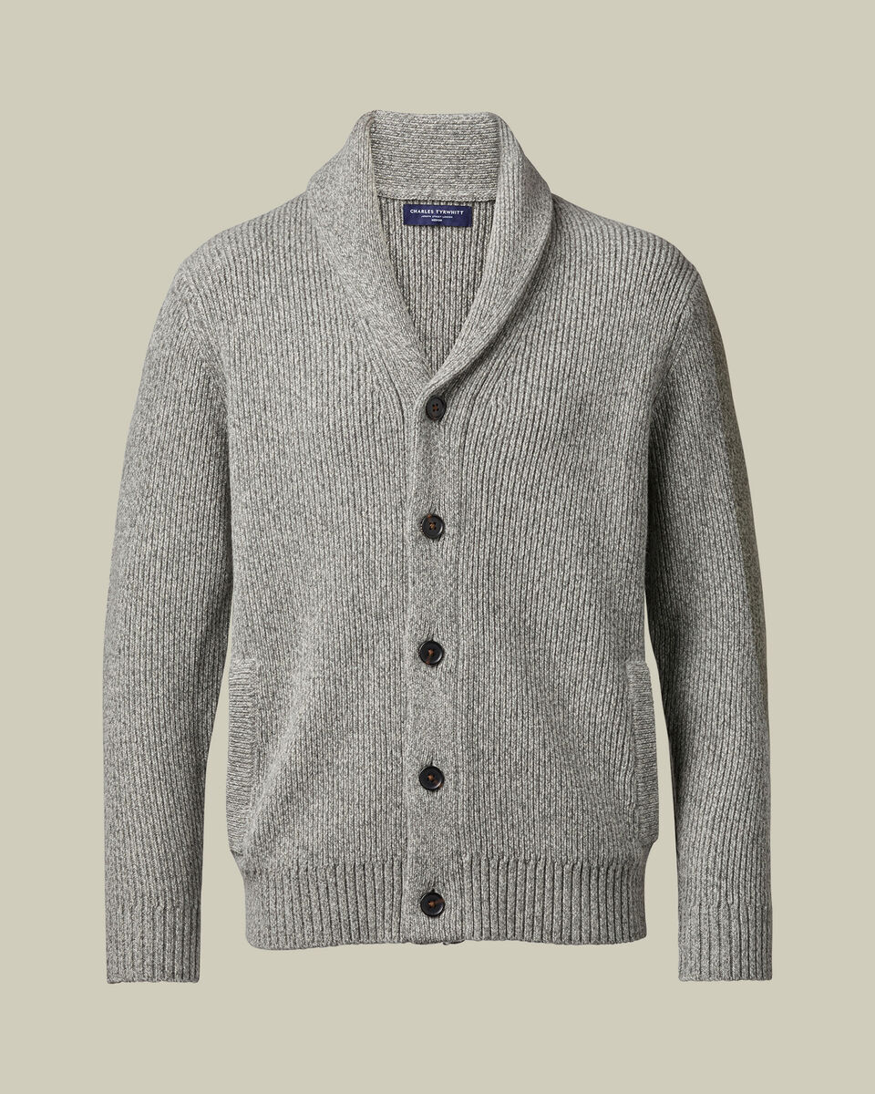 Chunky Pure Merino Shawl Neck Cardigan - Grey Marl