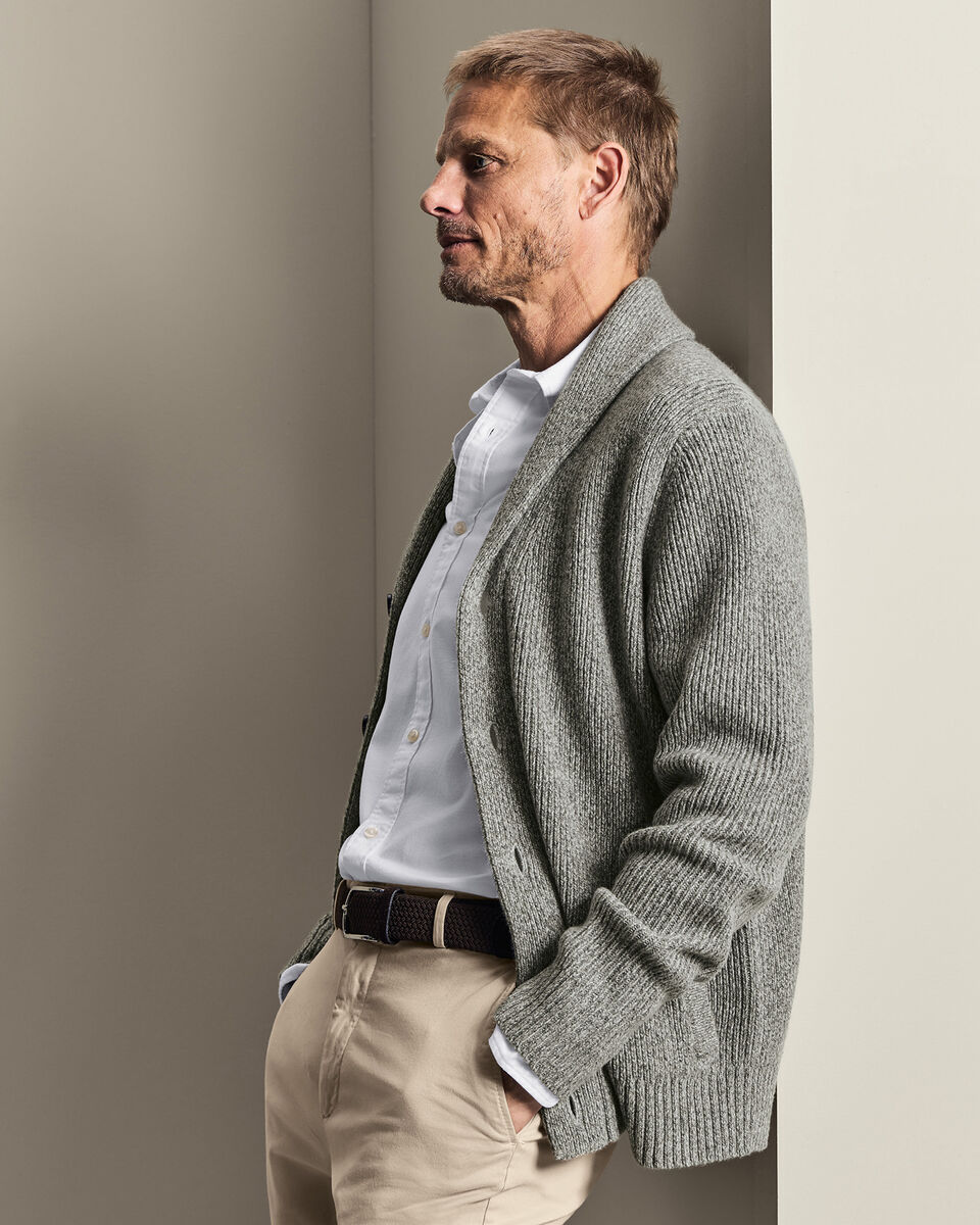 Chunky Pure Merino Shawl Neck Cardigan - Grey Marl