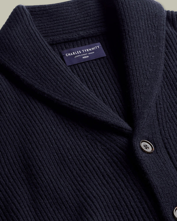 Chunky Pure Merino Shawl Neck Cardigan - Navy Blue