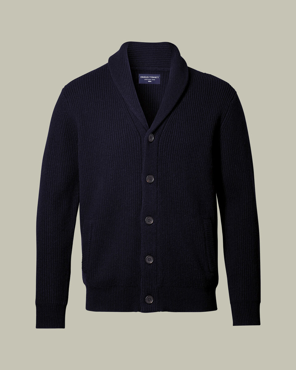 Chunky Pure Merino Shawl Neck Cardigan - Navy Blue