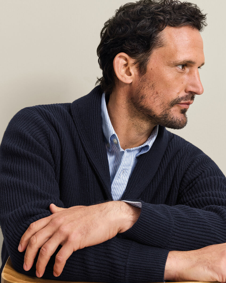 Chunky Pure Merino Shawl Neck Cardigan - Navy Blue