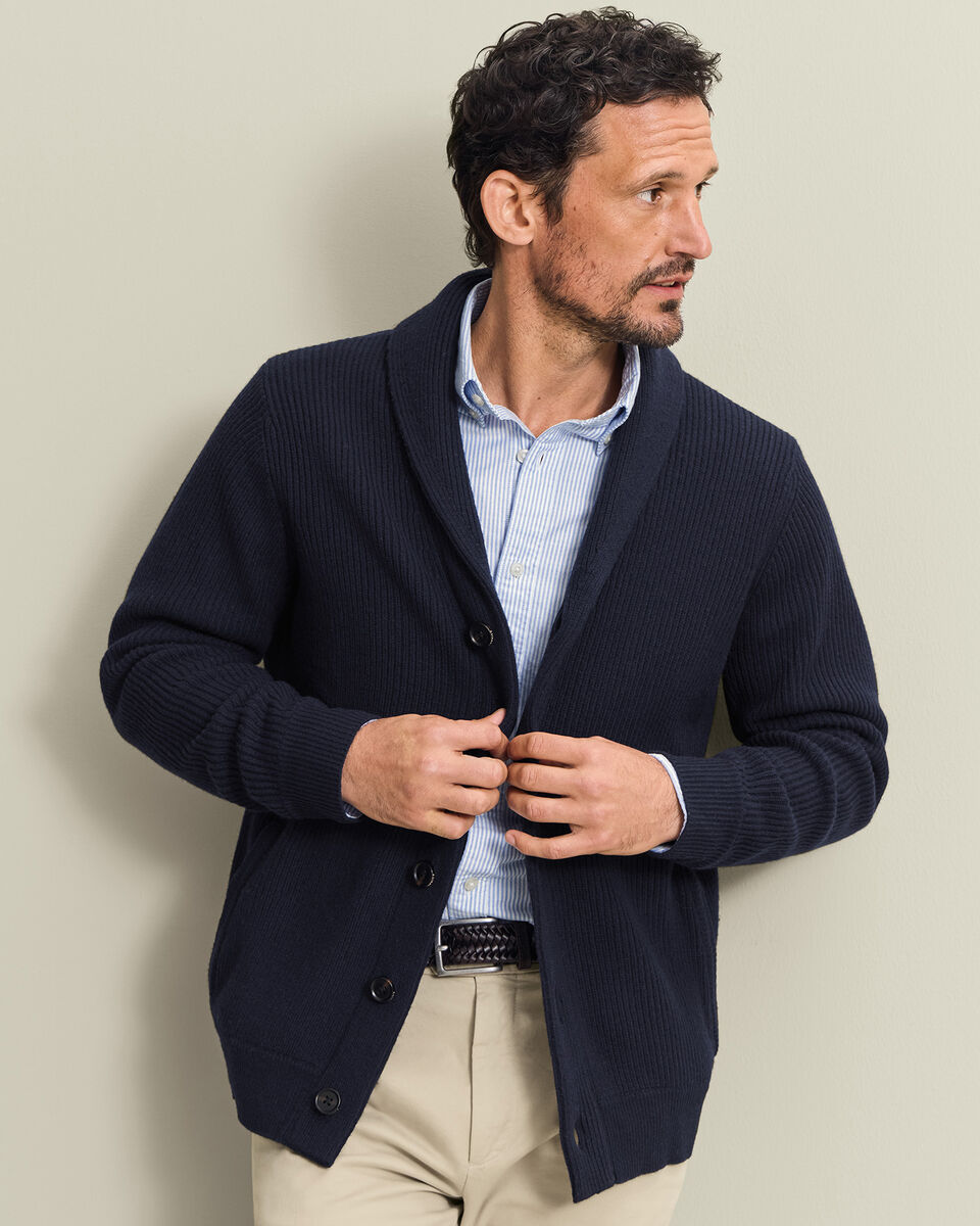 Chunky Pure Merino Shawl Neck Cardigan - Navy Blue
