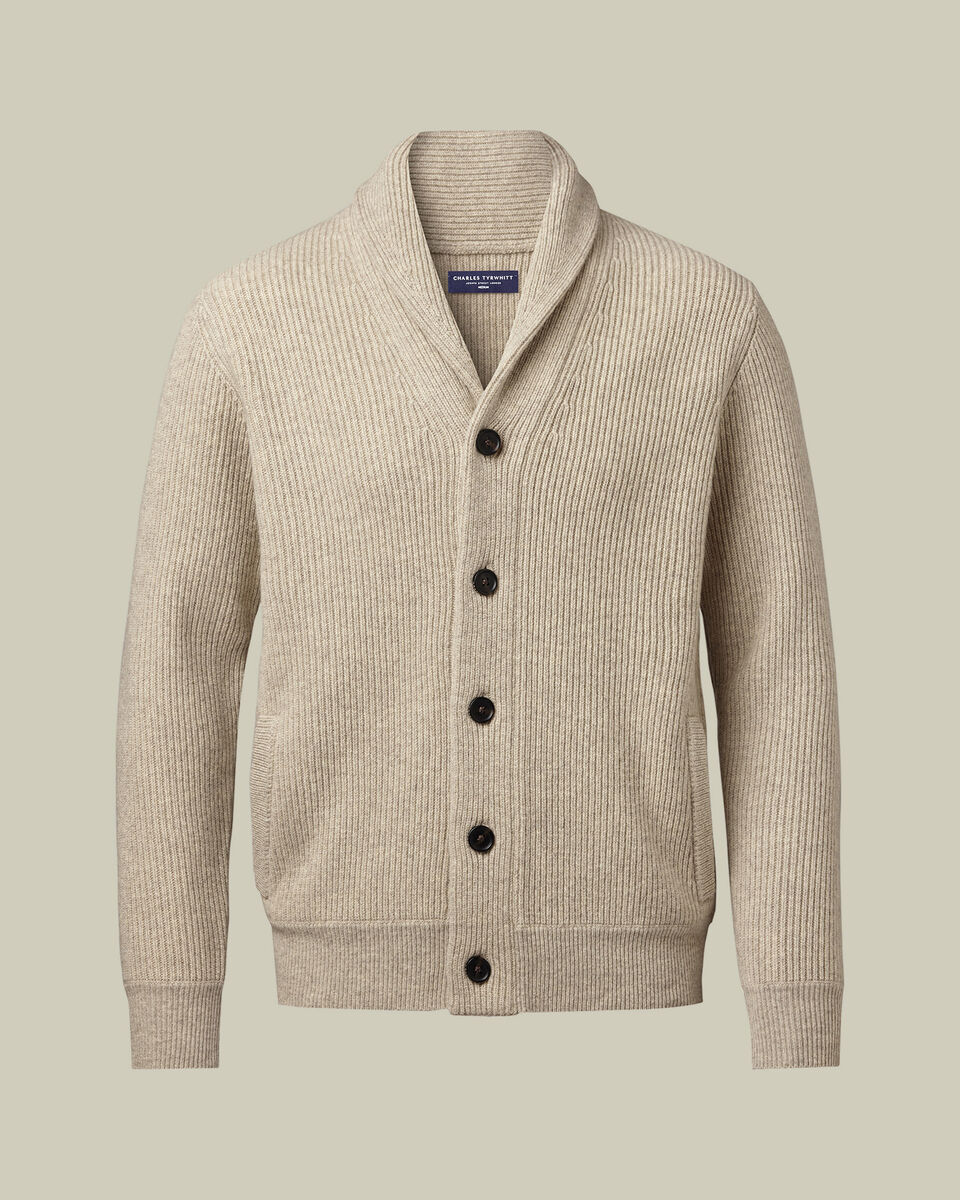 Chunky Pure Merino Shawl Neck Cardigan - Oatmeal