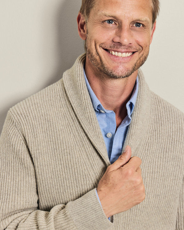 Chunky Pure Merino Shawl Neck Cardigan - Oatmeal