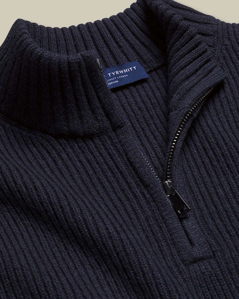Chunky Pure Merino Zip Neck Sweater - Navy Blue