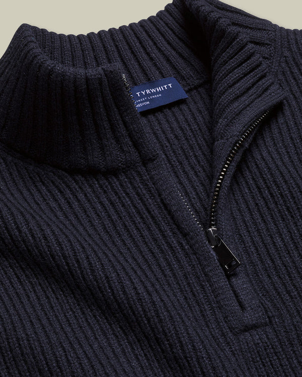 Chunky Pure Merino Zip Neck Sweater - Navy Blue