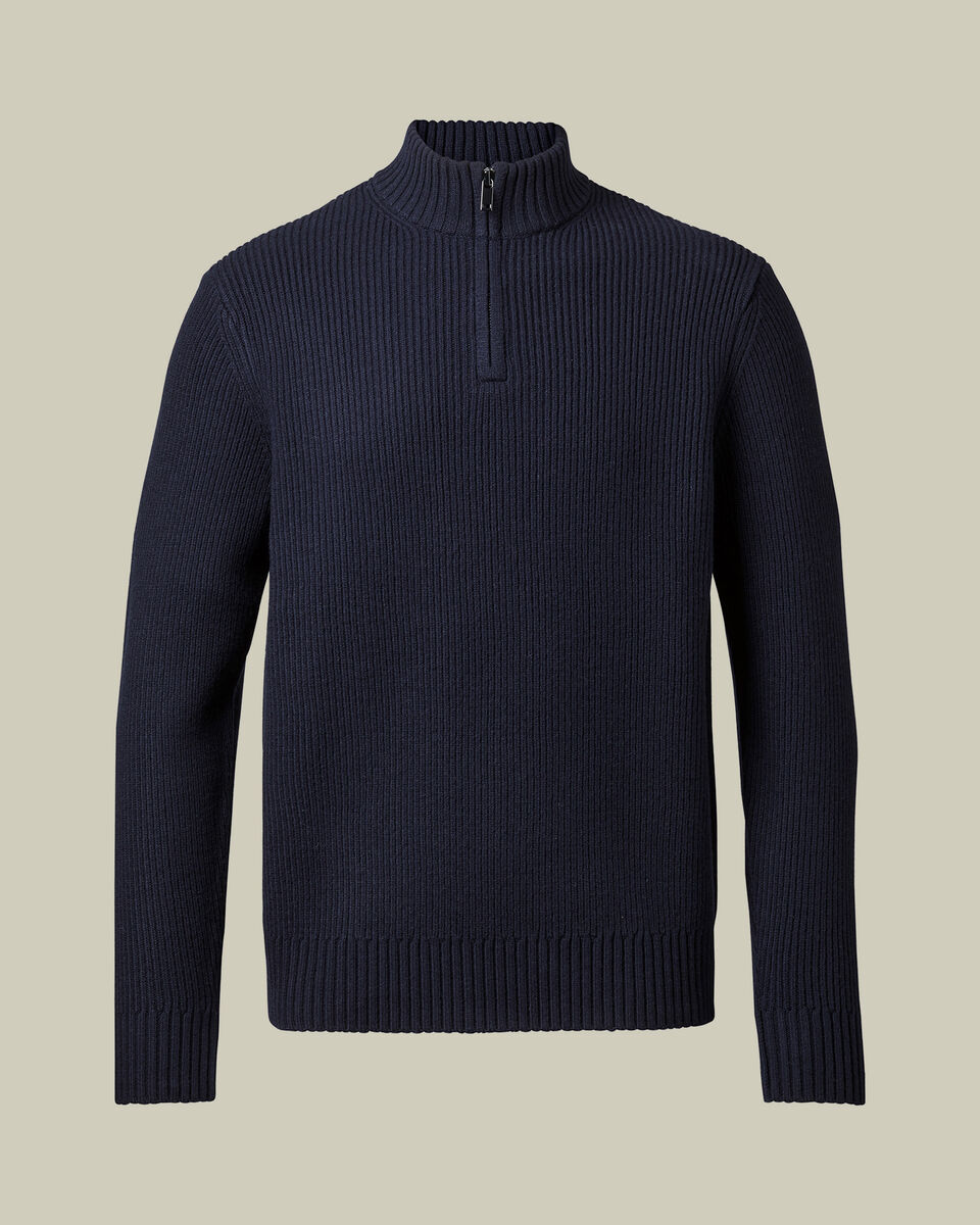 Chunky Pure Merino Zip Neck Sweater - Navy Blue