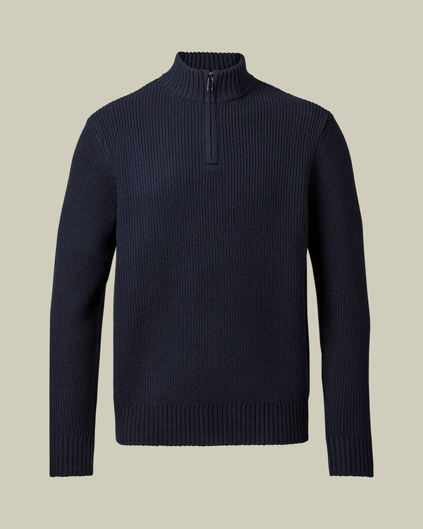 Chunky Pure Merino Zip Neck Sweater - Navy Blue
