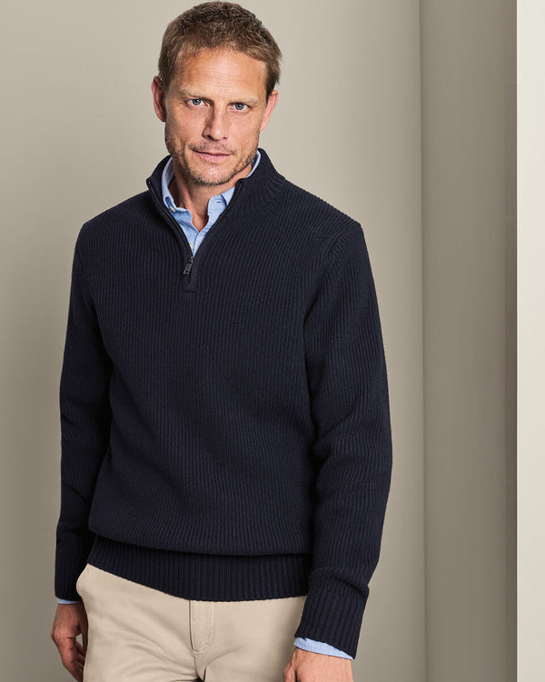 Chunky Pure Merino Zip Neck Sweater - Navy Blue
