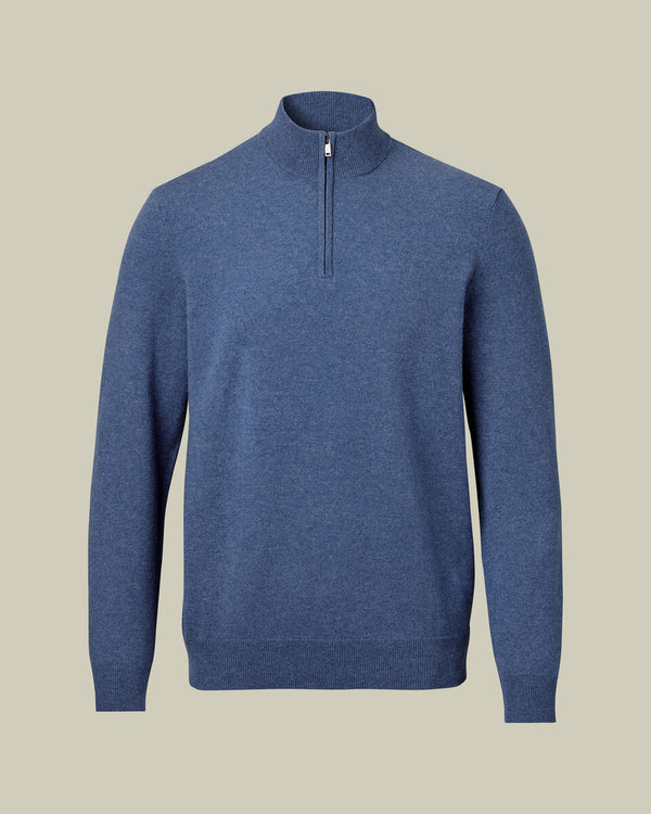 Pure Cashmere Quarter Zip Sweater - Denim Blue