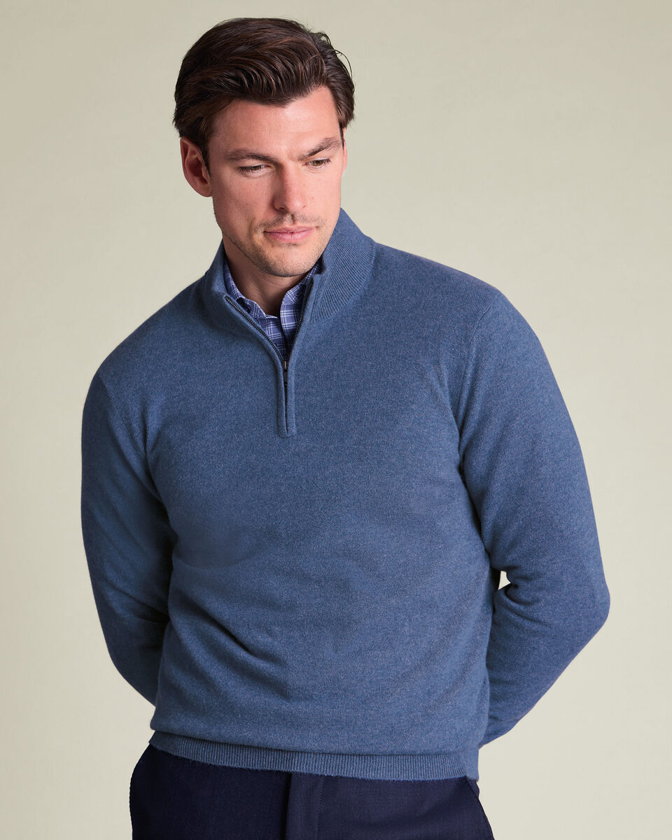 Pure Cashmere Quarter Zip Sweater - Denim Blue Main image