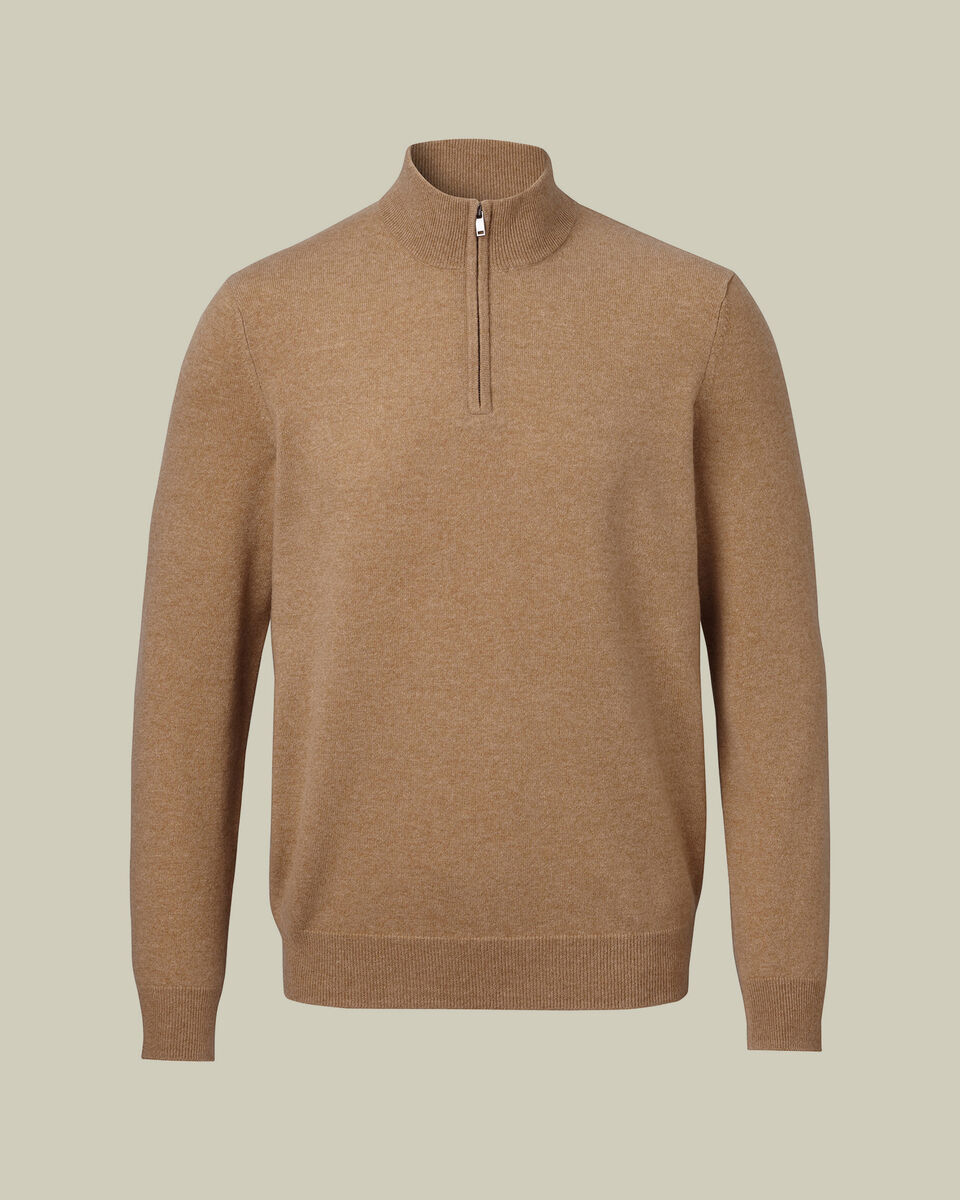Pure Cashmere Quarter Zip Sweater - Tan