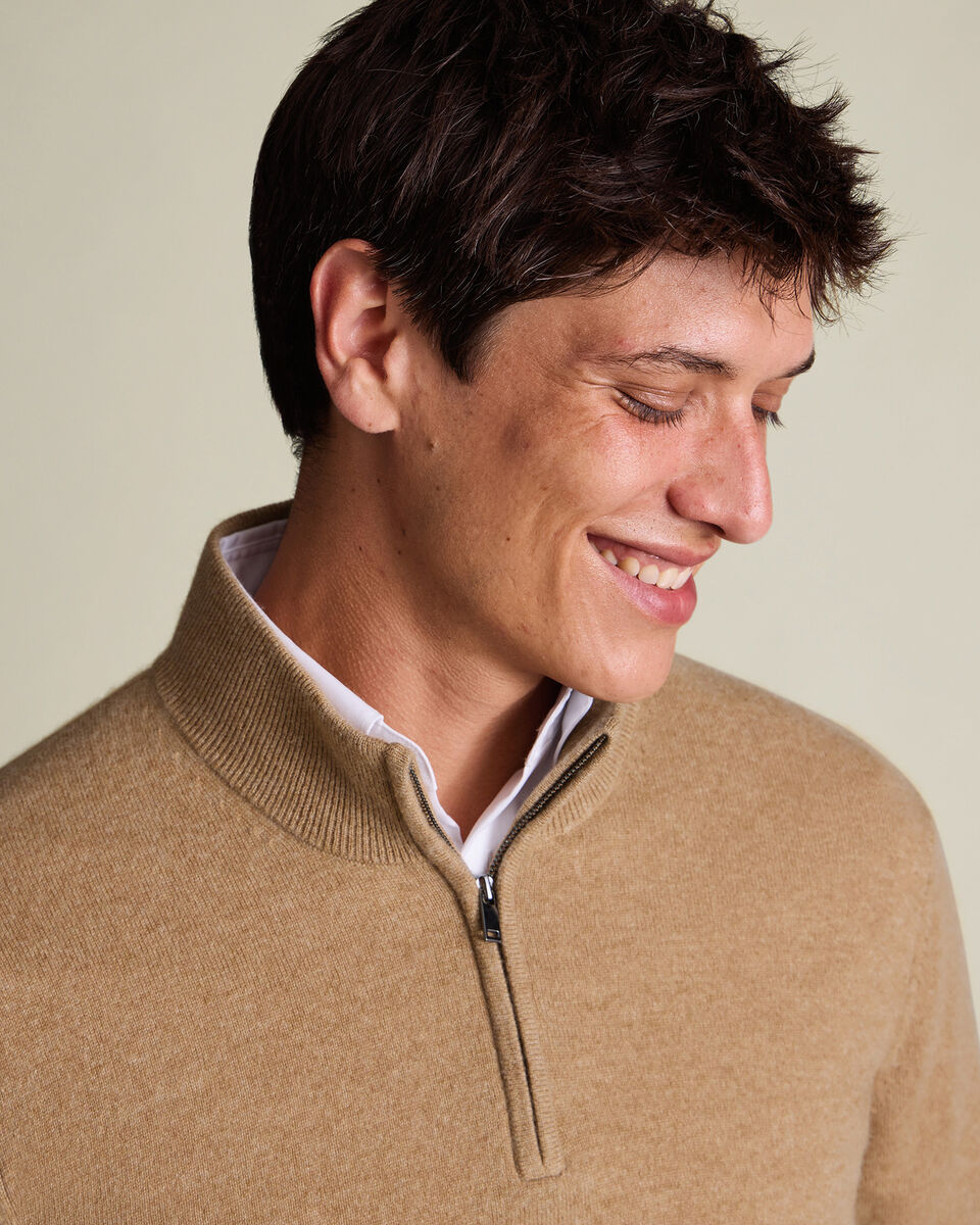 Pure Cashmere Quarter Zip Sweater - Tan