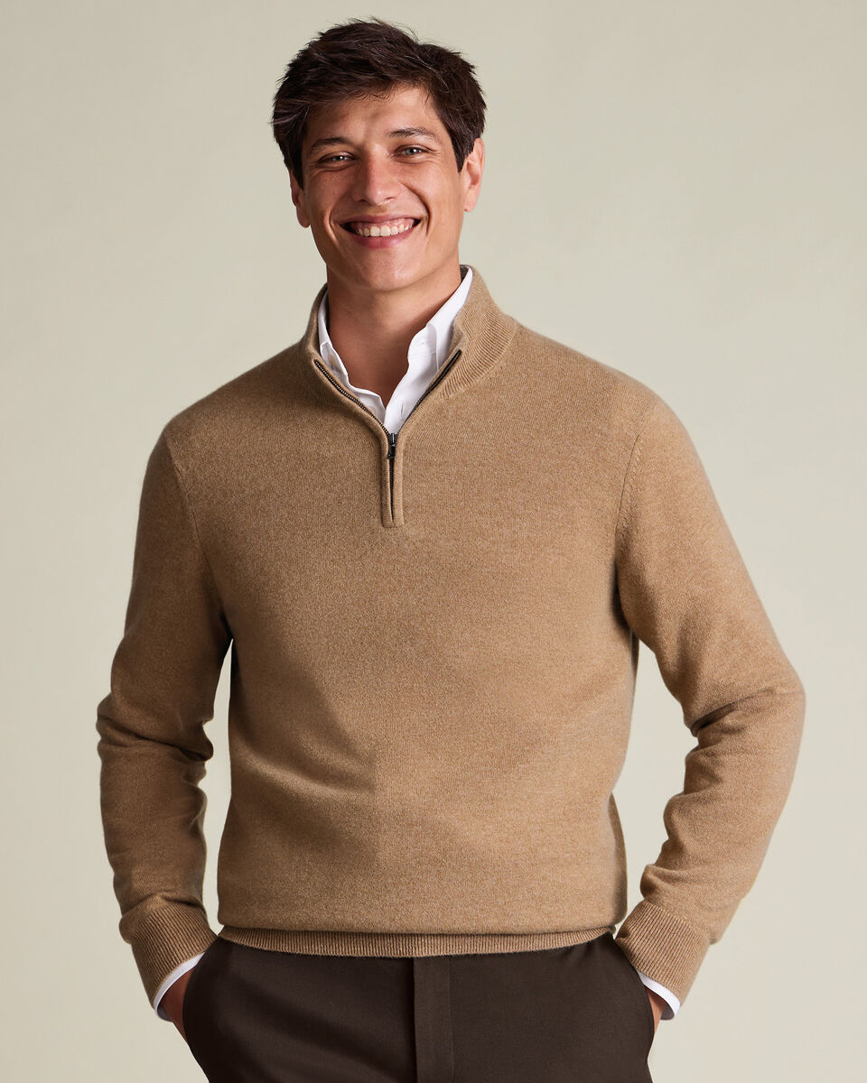 Pure Cashmere Quarter Zip Sweater - Tan