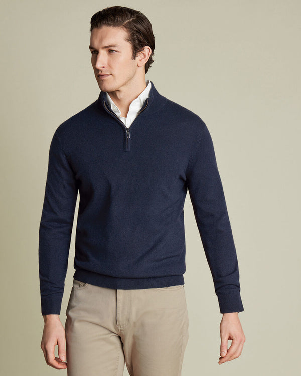 Pure Cashmere Quarter Zip Sweater - Navy