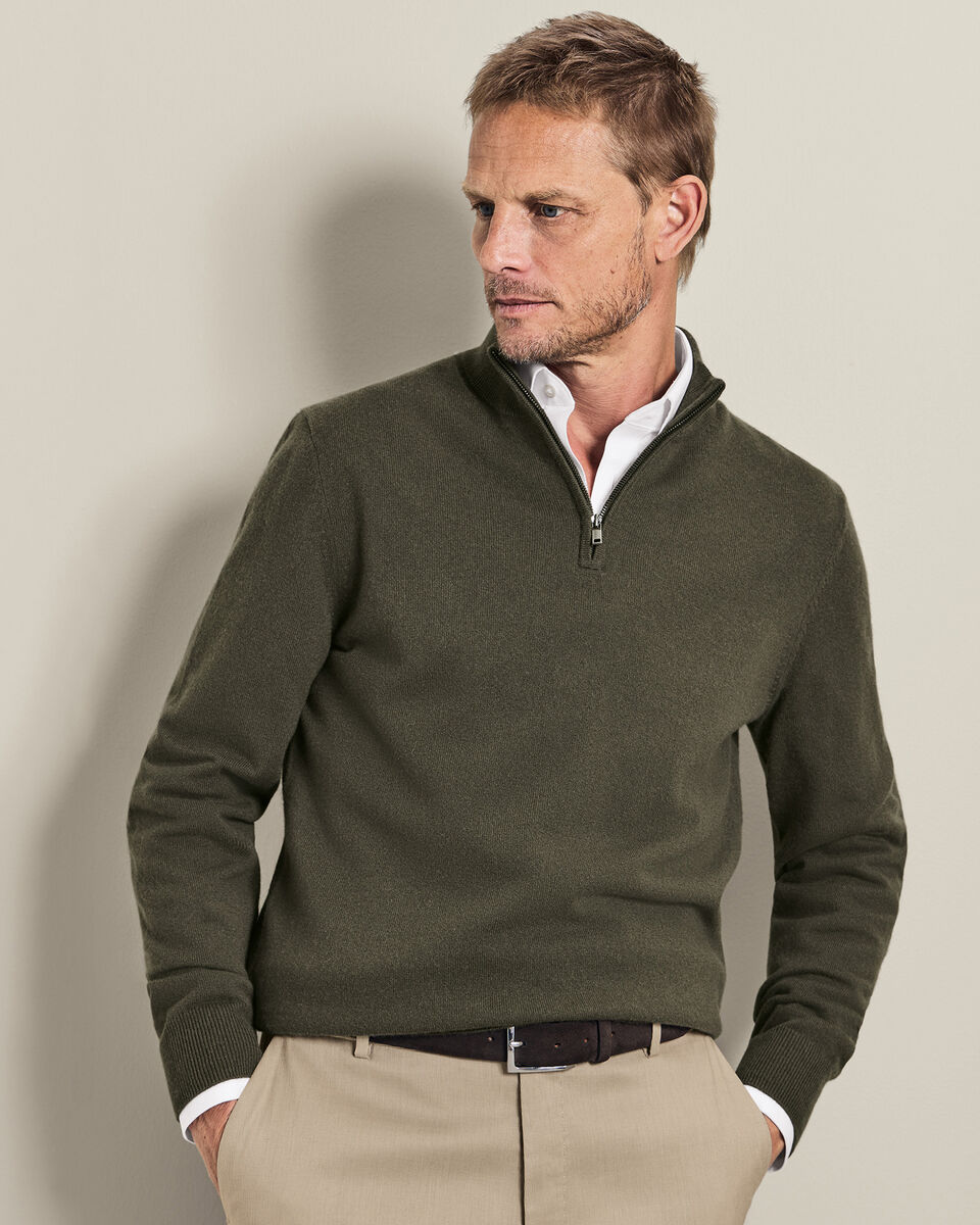 Cashmere Zip Neck Sweater - Olive Green