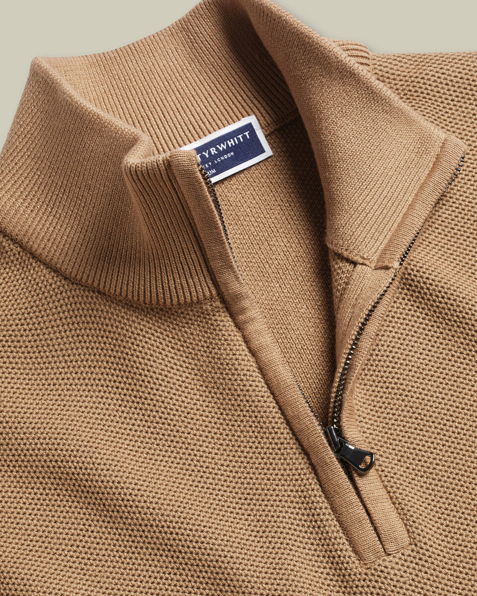 Honeycomb Cotton Quarter Zip Sweater - Camel Secondary image