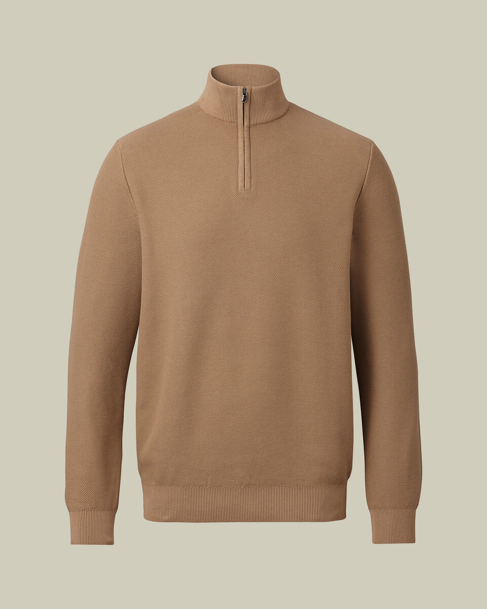 Honeycomb Cotton Quarter Zip Sweater - Camel