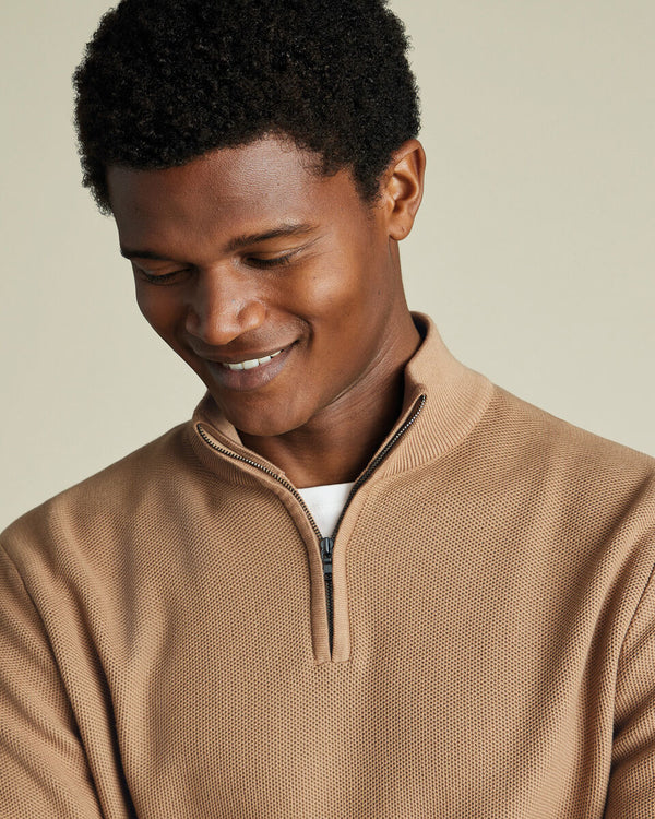 Honeycomb Cotton Quarter Zip Sweater - Camel