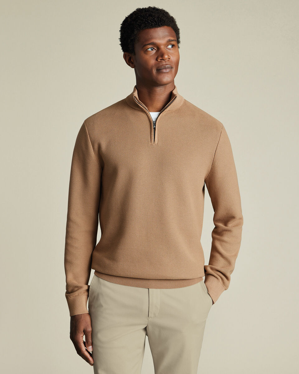Honeycomb Cotton Quarter Zip Sweater - Camel