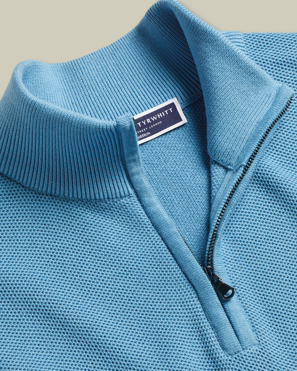 Honeycomb Cotton Quarter Zip Sweater - Ocean Blue