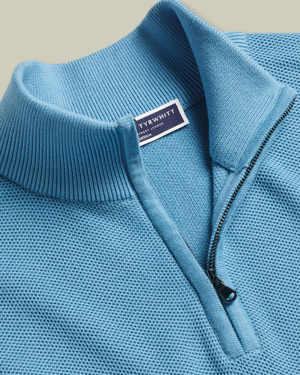 Honeycomb Cotton Quarter Zip Sweater - Ocean Blue