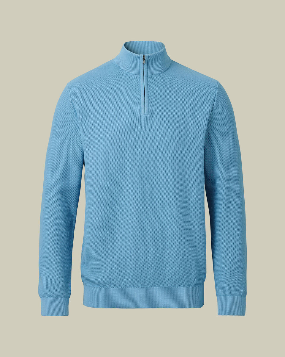 Honeycomb Cotton Quarter Zip Sweater - Ocean Blue