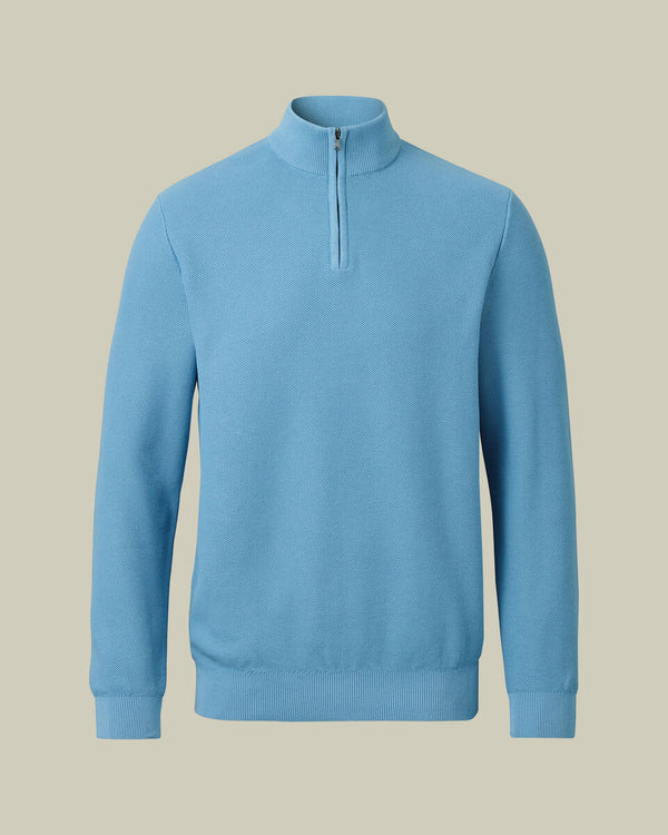 Honeycomb Cotton Quarter Zip Sweater - Ocean Blue