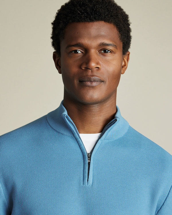 Honeycomb Cotton Quarter Zip Sweater - Ocean Blue
